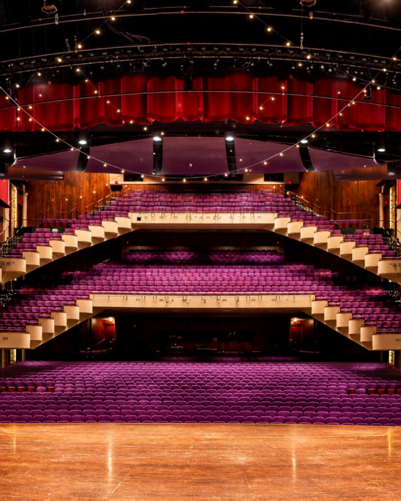 The Mary W. Sommervold Hall at the Washington Pavilion: tiers of purple seats beneath a red stage curtain, seen from the stage